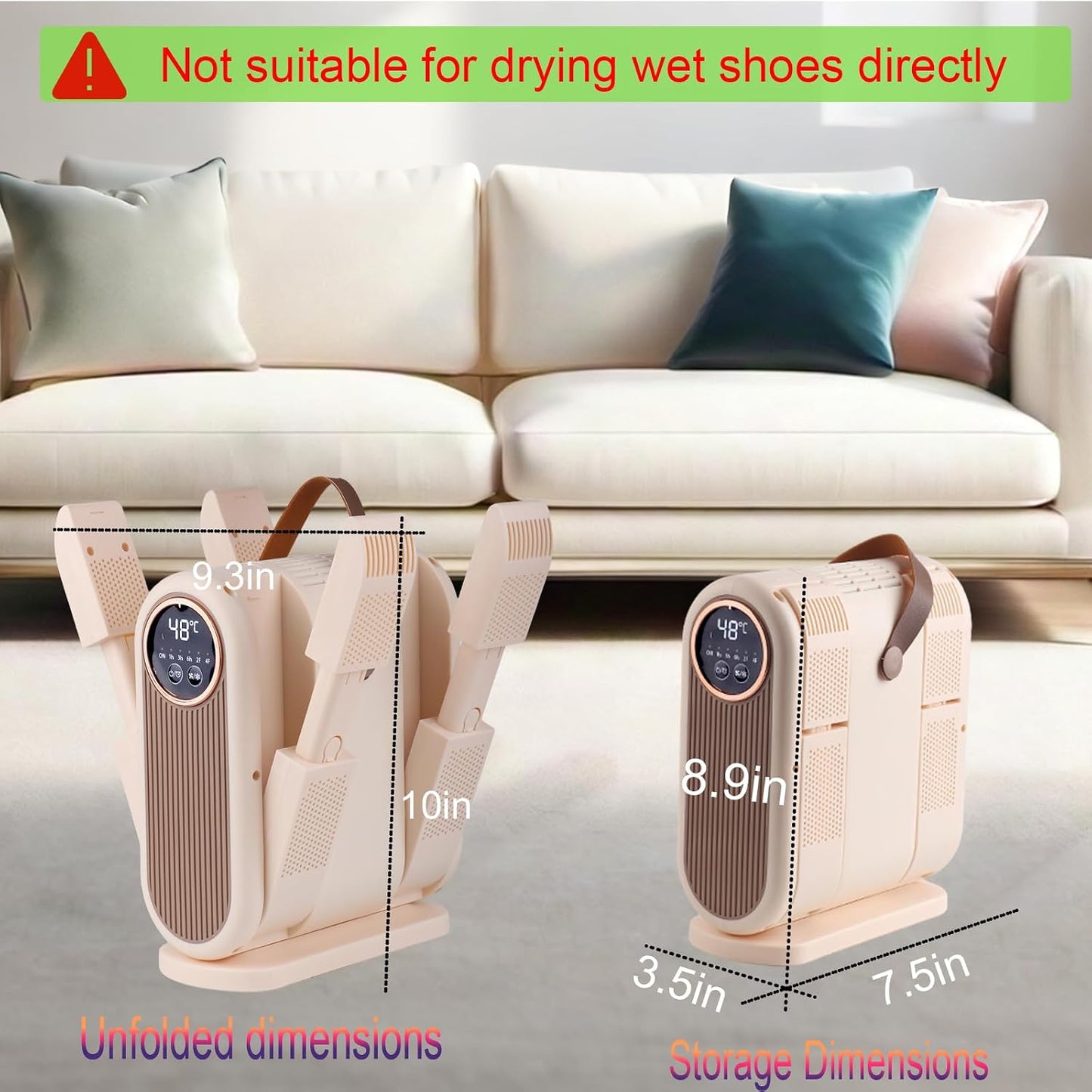 Portable Boot Dryer Folds for easy storage Constant-temperature dehumidification Features aromatherapy deodorization 360-minute timer 4 boot heaters Suitable for work boots ski boots sneakers socks