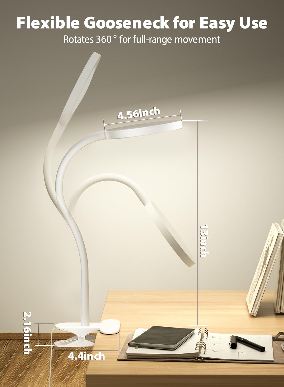 White Clip On Reading Light, 450LM Book Light, CRI95, 3 Modes Stepless Dim | CRI95 eye-caring LED provides natural lighting for reading, studying, and bedside use with adjustable brightness and modes
