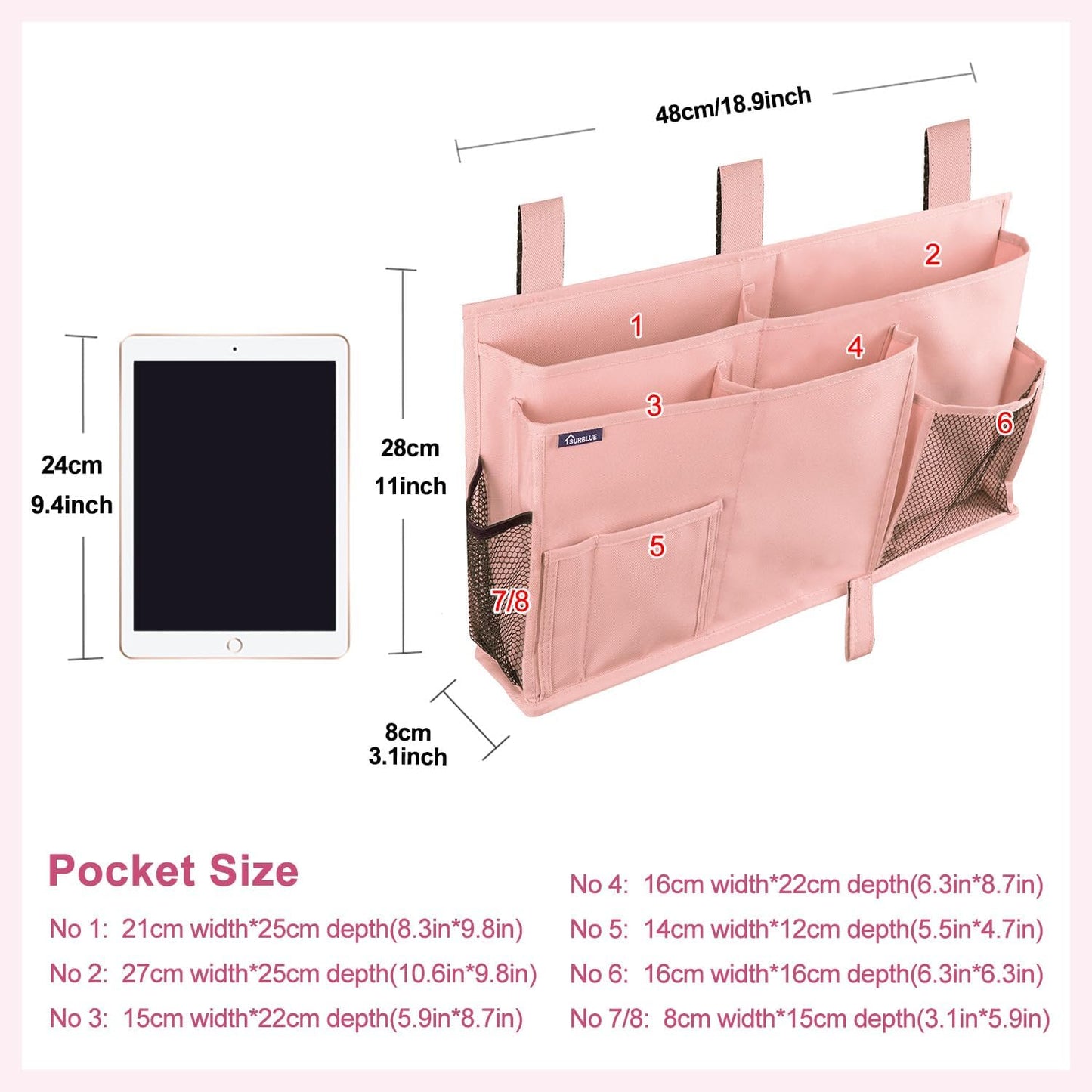 Surblue Bedside Caddy Hanging Organizer Storage Bag Pocket for Bunk, Hospital, College Dorm Rooms, Baby Bed Rails, Camp - 4 Pockets, 2 Hooks (Blue)