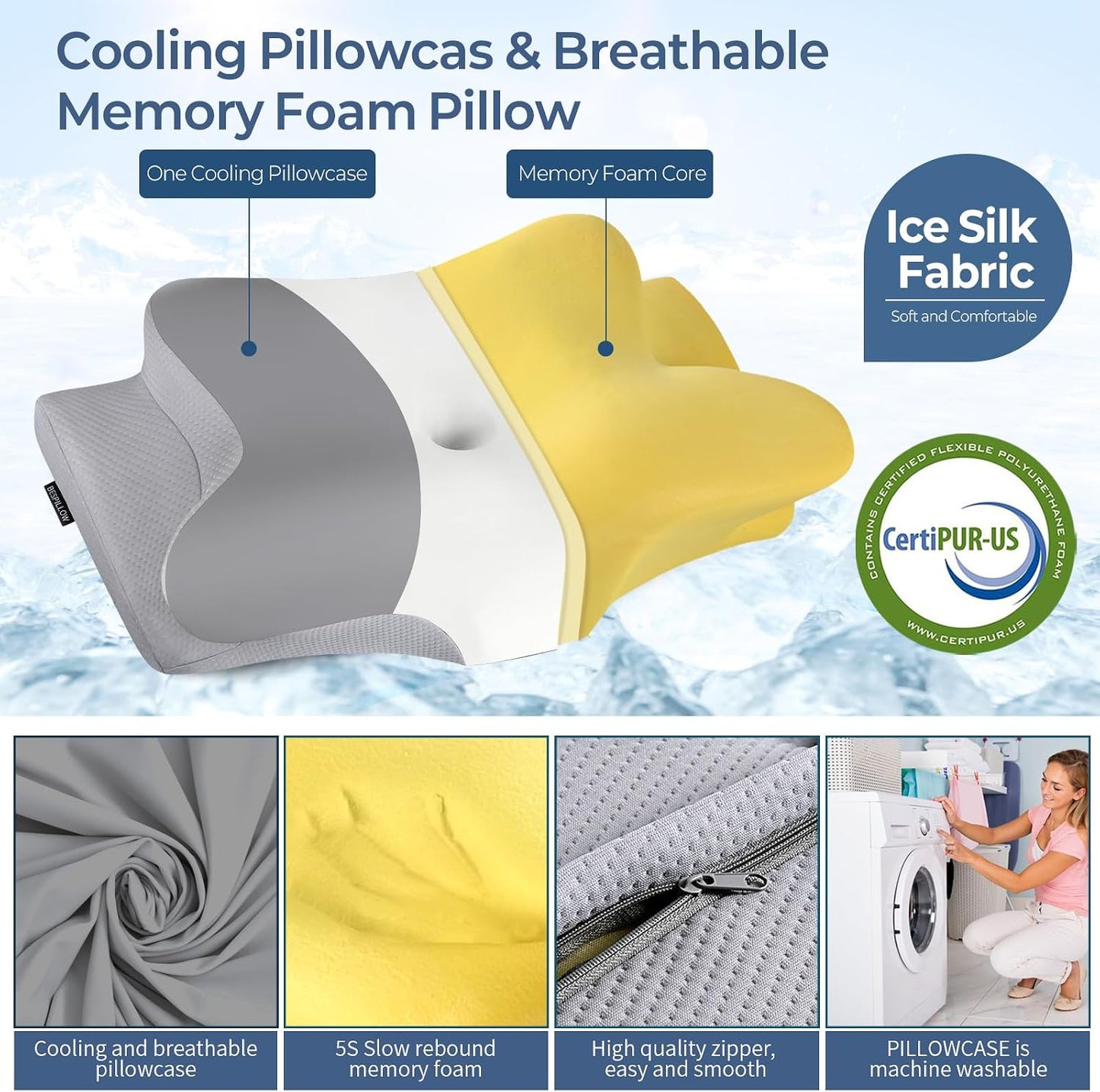 Cervical Neck Pillow for Pain Relief, Contour Memory Foam Pillows for Sleeping, Ergonomic Pillow Orthopedic Cooling Pillow Bed Pillow Neck Support for Side Back Stomach Sleepers（Grey&White
