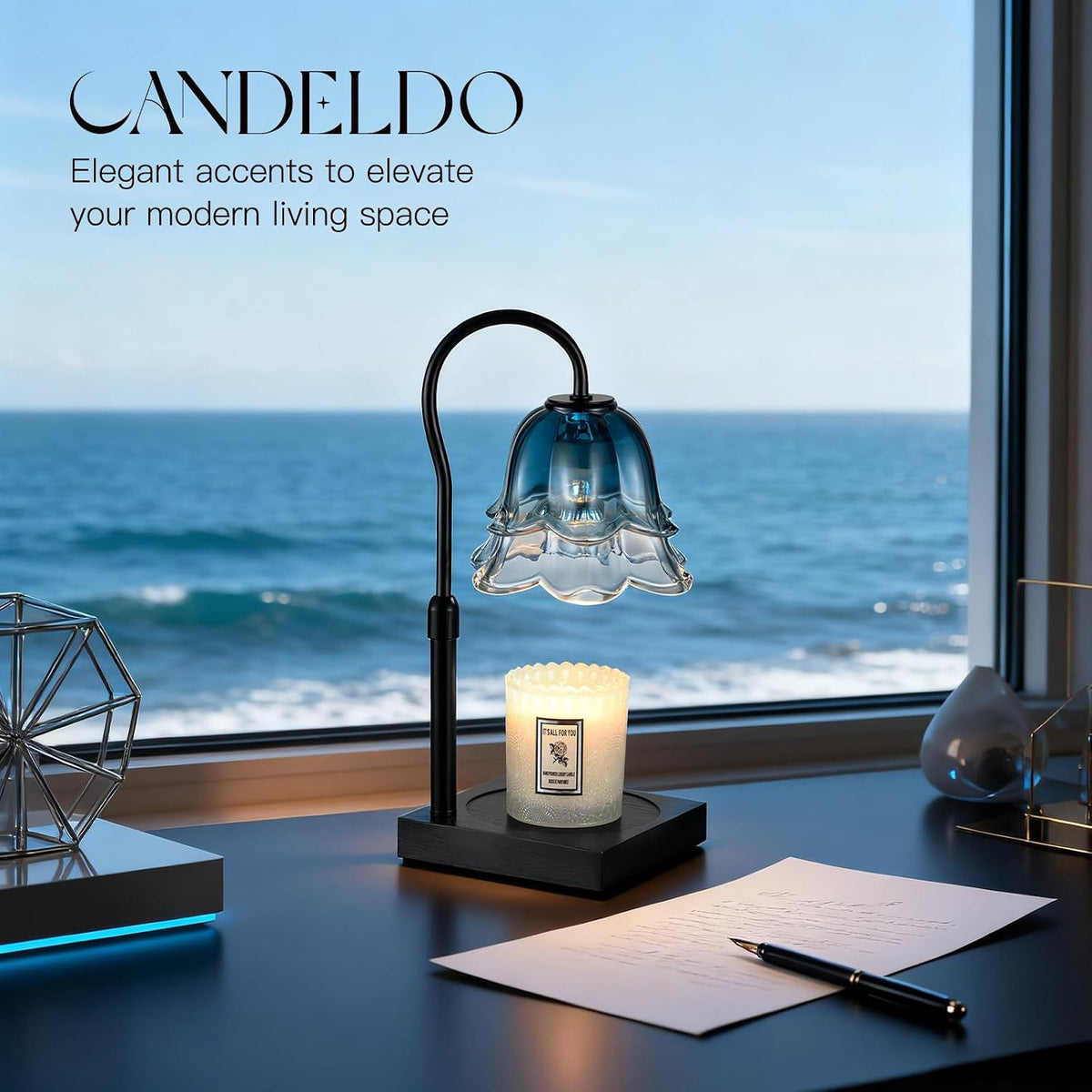 Candeldo Candle Warmer Lamp with Timer, Gold Flower Glass Shade