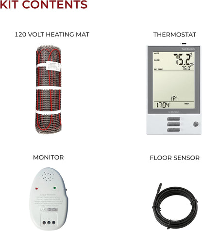 LuxHeat 60 sqft Floor Heat System, Prog Thermostat - 120V Heated Floor Mat | 20in x 36.6ft Self-adhesive Mat, Alarm, UDG 7-Day Prog T/Stat w/ GFCI, Sensor | Heated Floor Tiles For Bathroom, Tile & More