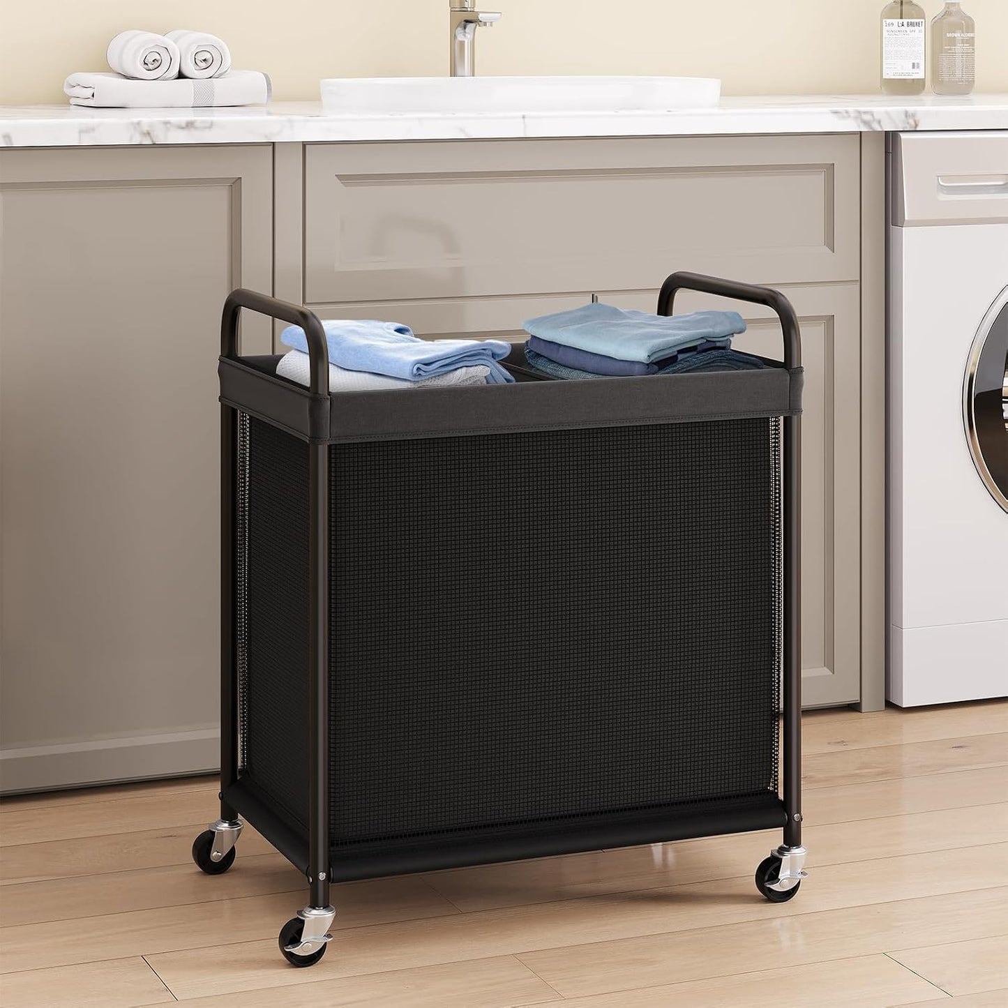 ELYKEN Laundry Hamper 2 Section, 100L Rolling Laundry Sorter with Wheels | Removable Washable Liner Bags, Sturdy Steel Frame and Metal Handle, Double Compartment Clothes Organizer for Laundry Sorting