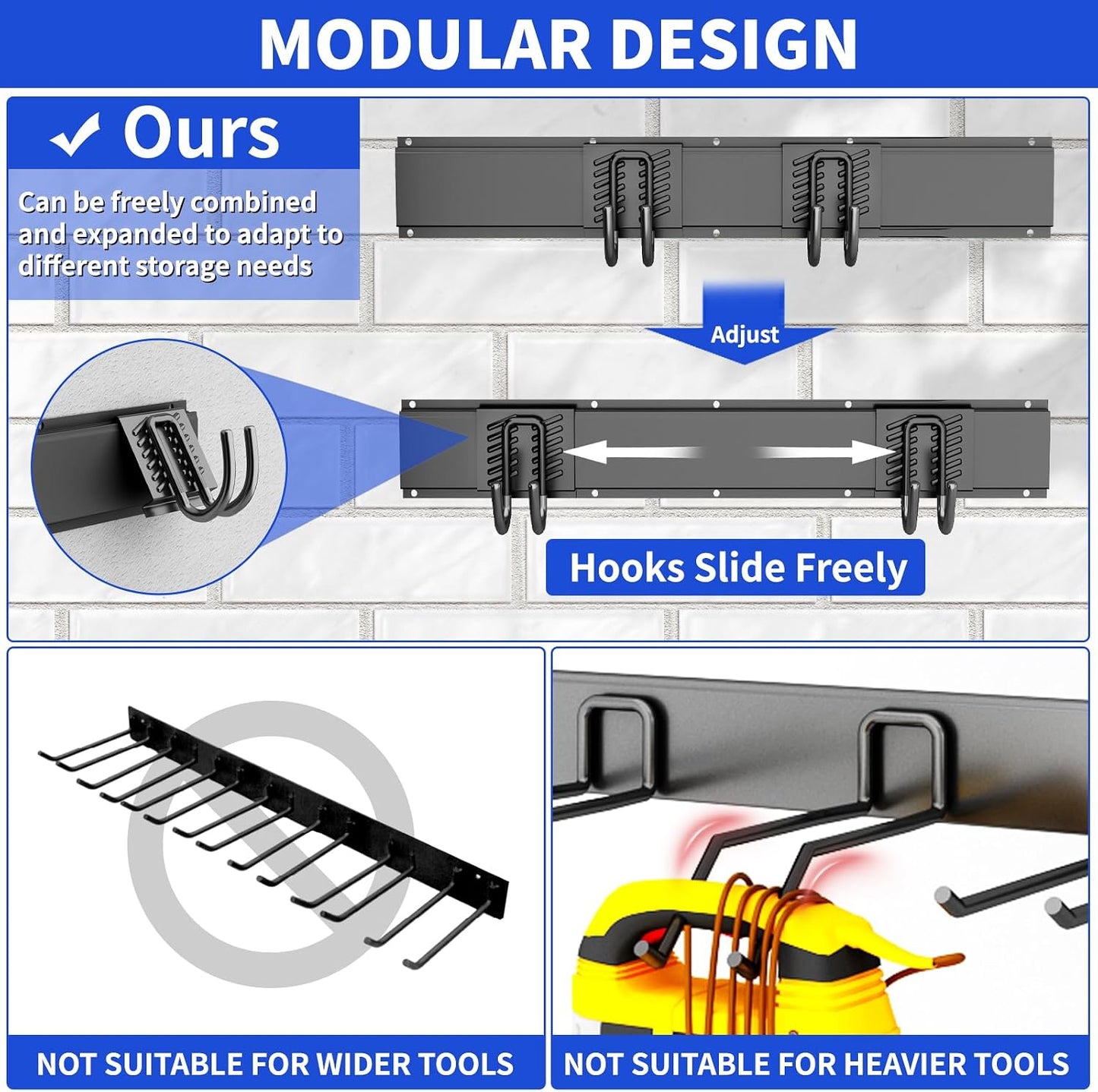 Garage Tool Organizer Wall Mount, 48 Inch Heavy Duty Garden Tool Organizer Storage System, Easy Install with 6 Adjustable Straight Hooks, for Garage, Basement, Shed, Workshop, Black, Steel