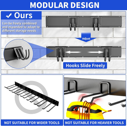 Garage Tool Organizer Wall Mount, 48 Inch Heavy Duty Garden Tool Organizer Storage System, Easy Install with 6 Adjustable Straight Hooks, for Garage, Basement, Shed, Workshop, Black, Steel