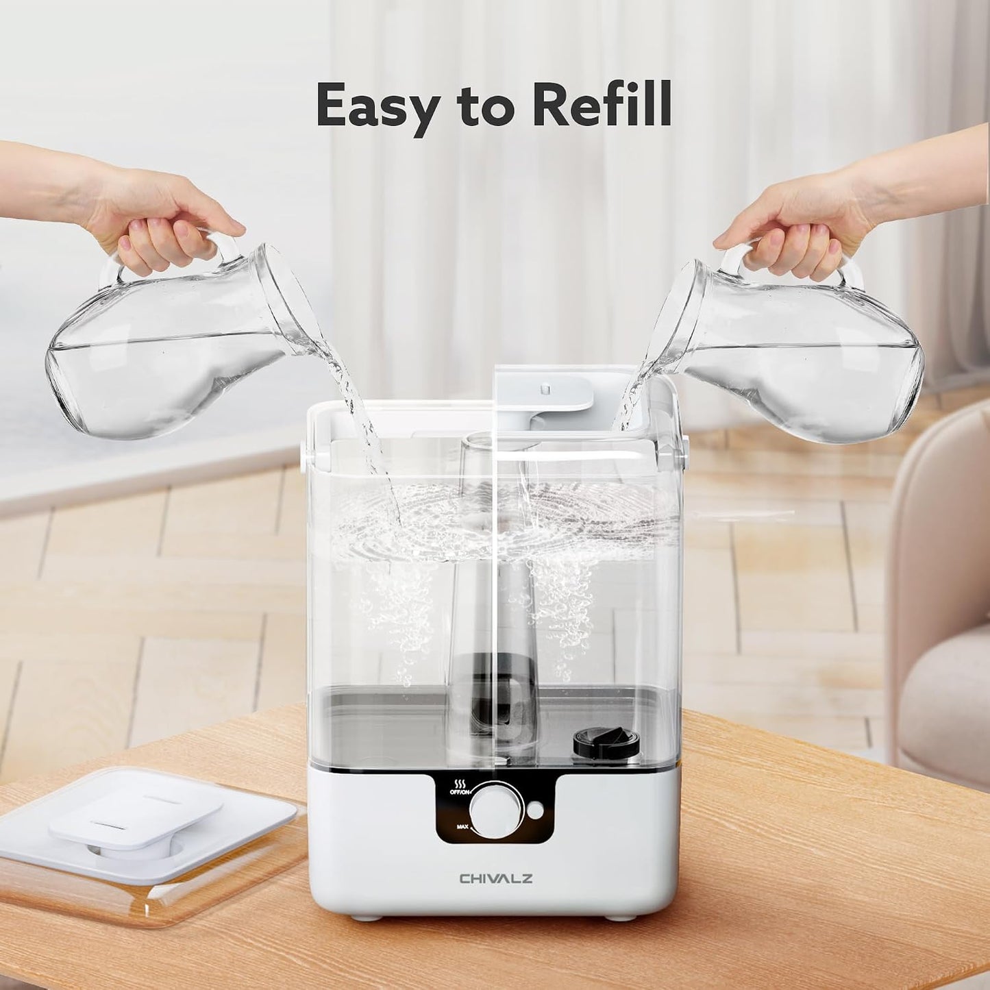 CHIVALZ 6L Humidifiers for Bedroom, Cool Mist, 26dB, 50H Runtime, White | Top Fill Humidifiers for Home, Baby Nursery, Large room, Plants, Nightlight, Oil Diffuser, Quiet, Easy to Refill and Clean