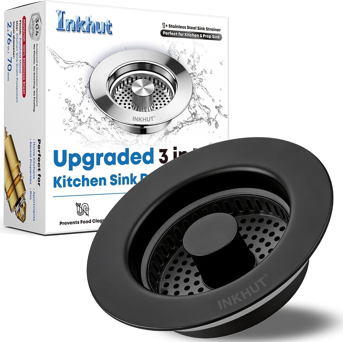 Upgraded 3 in 1 Kitchen Sink Drain Strainer | Stainless Steel Sink Stopper, Anti-Clogging Food Catcher Basket, Bounce Core Drain Strainer Plug for 3 1/2 inch Drain