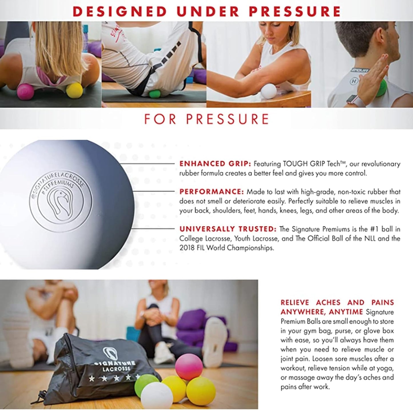Signature Lacrosse Ball Set - Packs of 2, 4, 8, 12, and 100 - No Chemical Smell Massage Balls, Myofascial Release Tools, Back Roller, Muscle Knot Remover