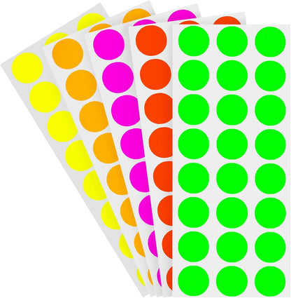 1/2" Removable Dot Stickers, 5 Fluorescent Colors, 1200/Pack | Round Dot Labels in 5 Colors with Writable Matte Paper for Offices, Food Service and Medical Use. Made in USA