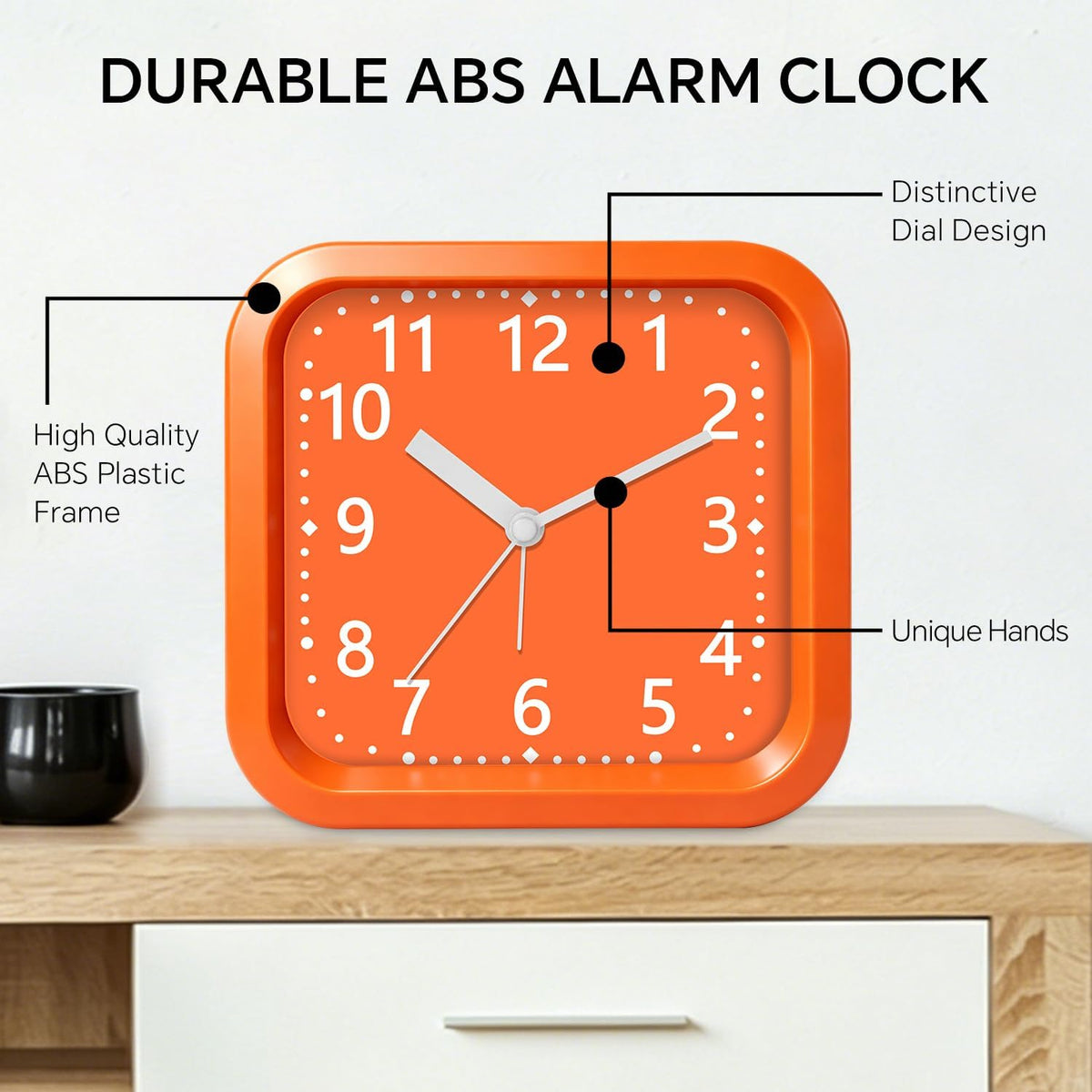 Loud Alarm Clock for Heavy Sleepers, 4.5" Simple Square Analog Alarm Clocks with Silent Movement Battery Operated Easy-to-Read Dial, Plastic Small Desk Clock for Bedroom Teens Seniors, Black
