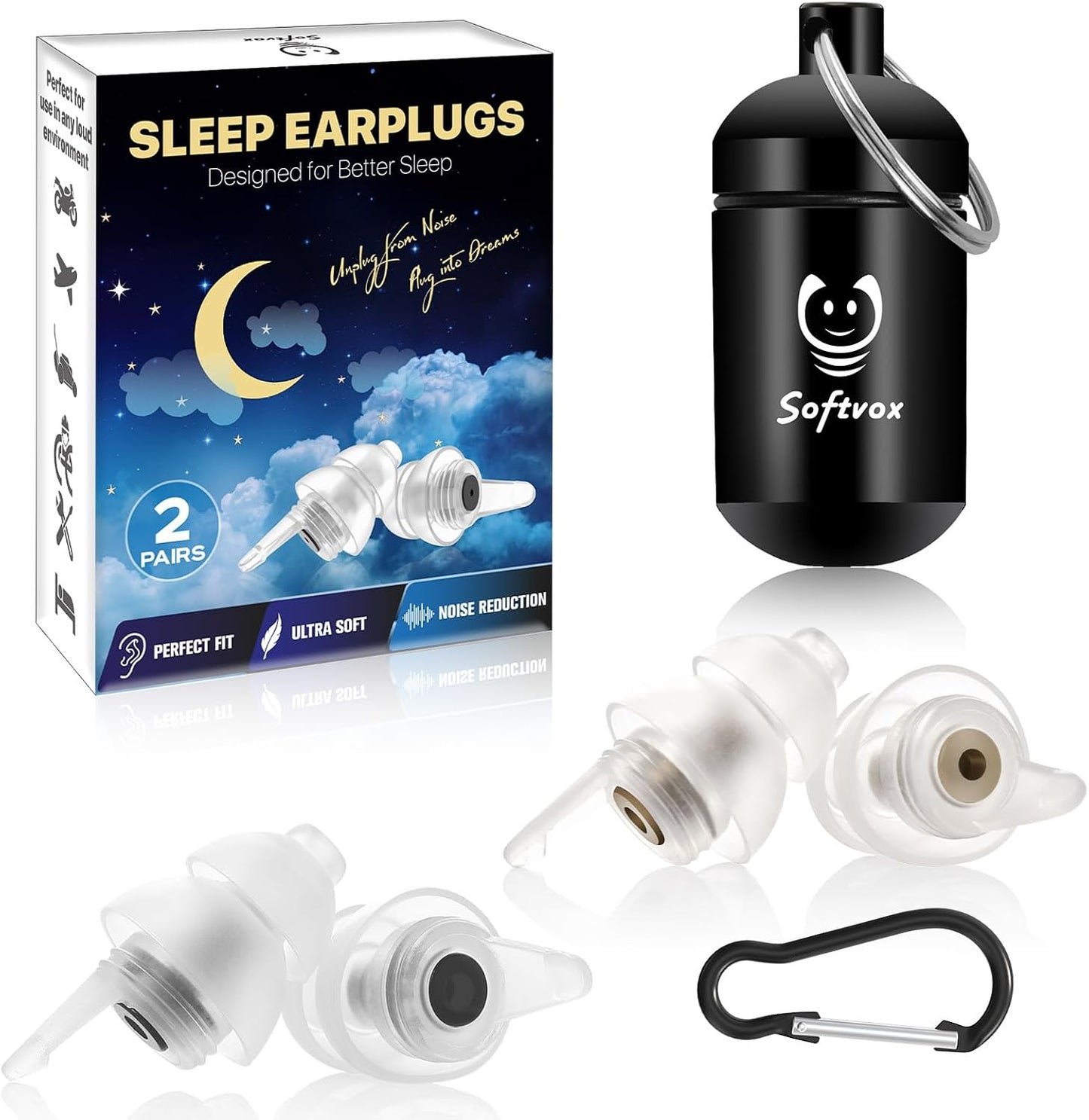 Ear Plugs for Sleeping 2 Pairs, Ultra-Comfy Reusable Small Earplugs for Sleep, Travel, Focus, Side Sleepers, Snoring - 27 dB Soundproof Noise Cancelling Silicone Hearing Protection