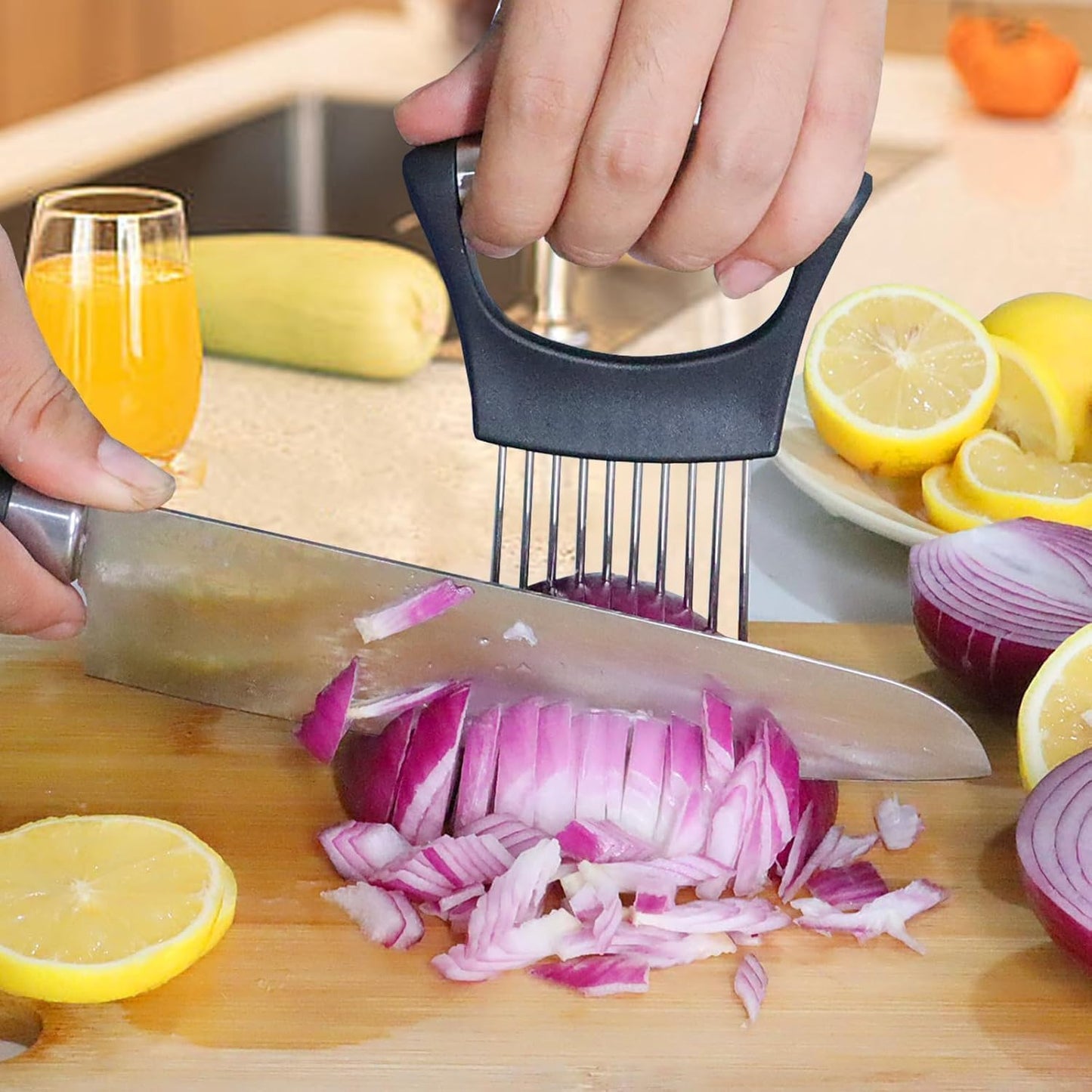 Onion Holder Slicer with Stainless Steel Blades, Vegetable Chopper for Tomato, Potato, Avocado, Lemon, Food Cutting Assistant Tool