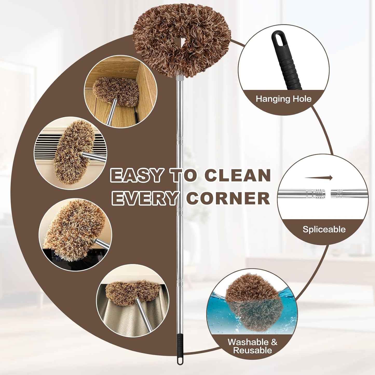 Ceiling Fan Cleaner Duster Reusable Microfiber Ceiling Fan Blade Cleaner Removable Duster with Extension Pole Adjusts 13 to 49.7 Inch for Cleaning Walls Bookshelves Furniture Door Window Top (Blue)