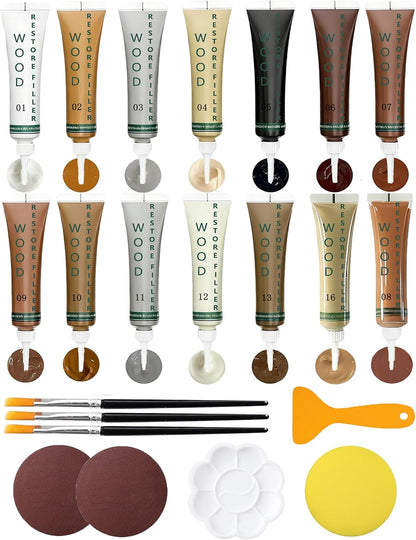 Wood Repair Kit - Scratch Repair Set of 21 - Wood Filler and Furniture Markers for Touching Up Hardwood Scratches, Holes, Cracks, Stains, Laminate Floor, Cabinets, and Tables