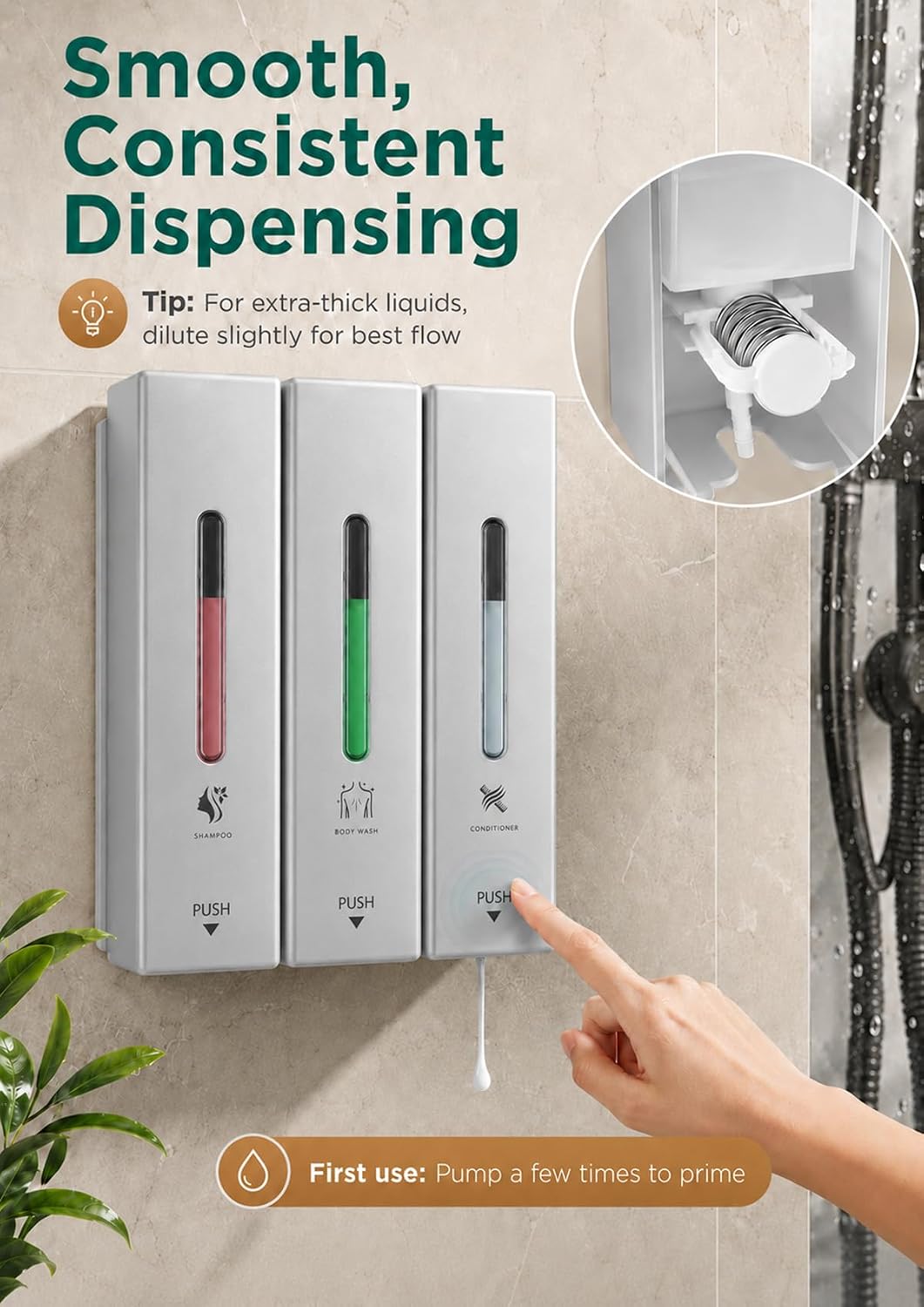Shampoo and Conditioner Dispenser Wall Mounted, 3-Chamber Shower Soap Dispenser for Bathroom, 1200ML Large Capacity, No-Drill Installation, Clog-Free Pump for Thick Liquids (black-3-pack)