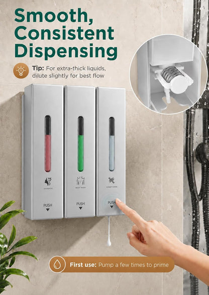 Shampoo and Conditioner Dispenser Wall Mounted, 3-Chamber Shower Soap Dispenser for Bathroom, 1200ML Large Capacity, No-Drill Installation, Clog-Free Pump for Thick Liquids (black-3-pack)