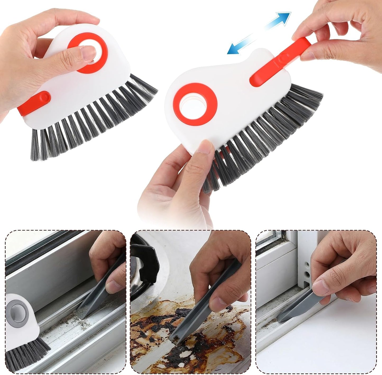 Qianyu 2 PCS Groove Cleaning Brush 2 in 1 Window Track Cleaning Tool Crevice Cleanings Brush Multifunction Hard Bristle with Hidden Scraper Grout Cleaner Grip Brushes for Slid Door Track Window Sill