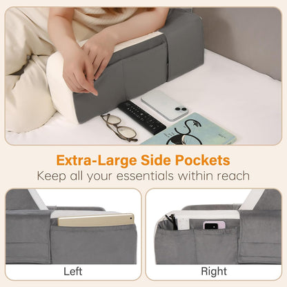 Vekkia 21" Reading Pillow for Bed with Adjustable Arms and XL Side Pockets | 60° Wedge Back Support, Washable Cover, Support Chair for TV, Gaming, Working, Nursing, Recovery in Bed & Floor, Black/Gray