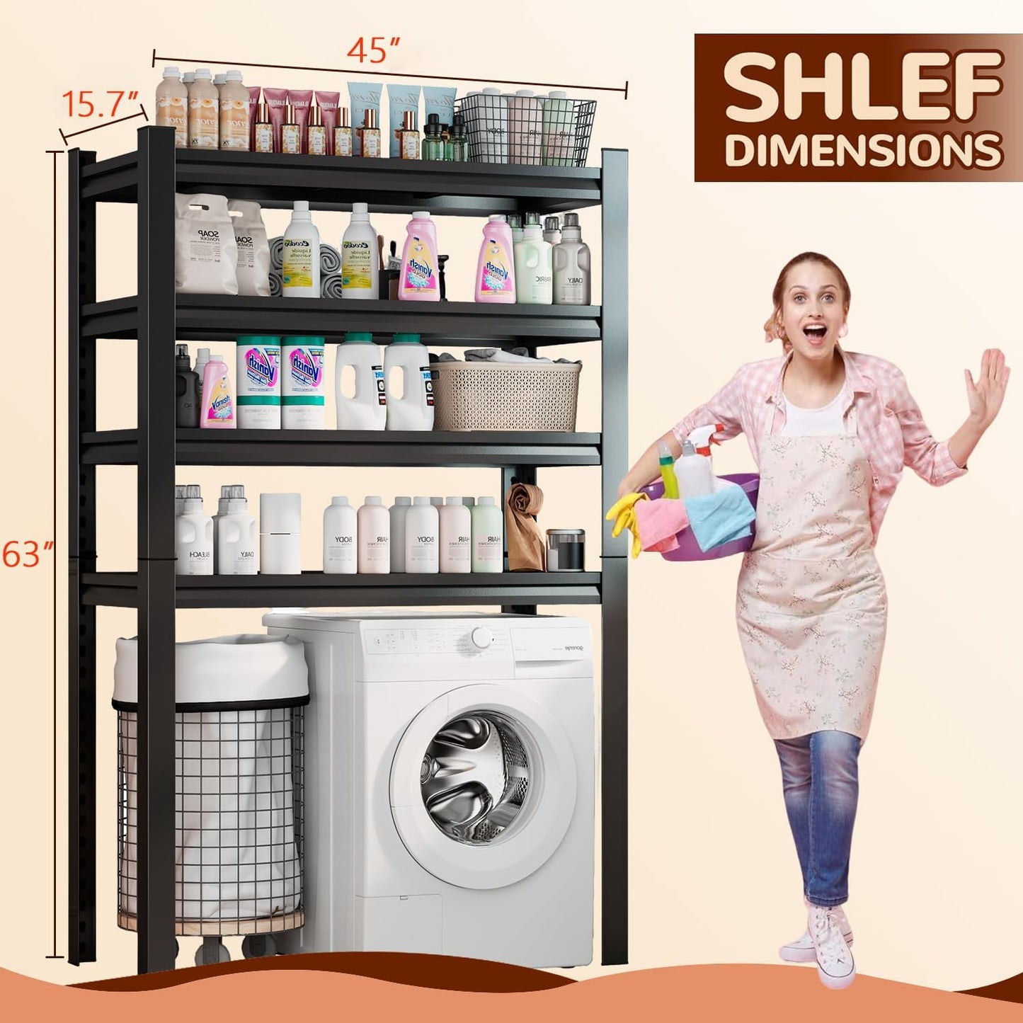 Over Washer and Dryer Shelves, 4 Tiers Adjustable Height Laundry Room Storage and Organizer Standing Shelf, Metal Freestanding Space Saving Organizers Shelf (4-Tier 63" H*45" W*15.7" D)