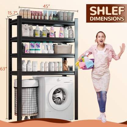 Over Washer and Dryer Shelves, 4 Tiers Adjustable Height Laundry Room Storage and Organizer Standing Shelf, Metal Freestanding Space Saving Organizers Shelf (4-Tier 63" H*45" W*15.7" D)