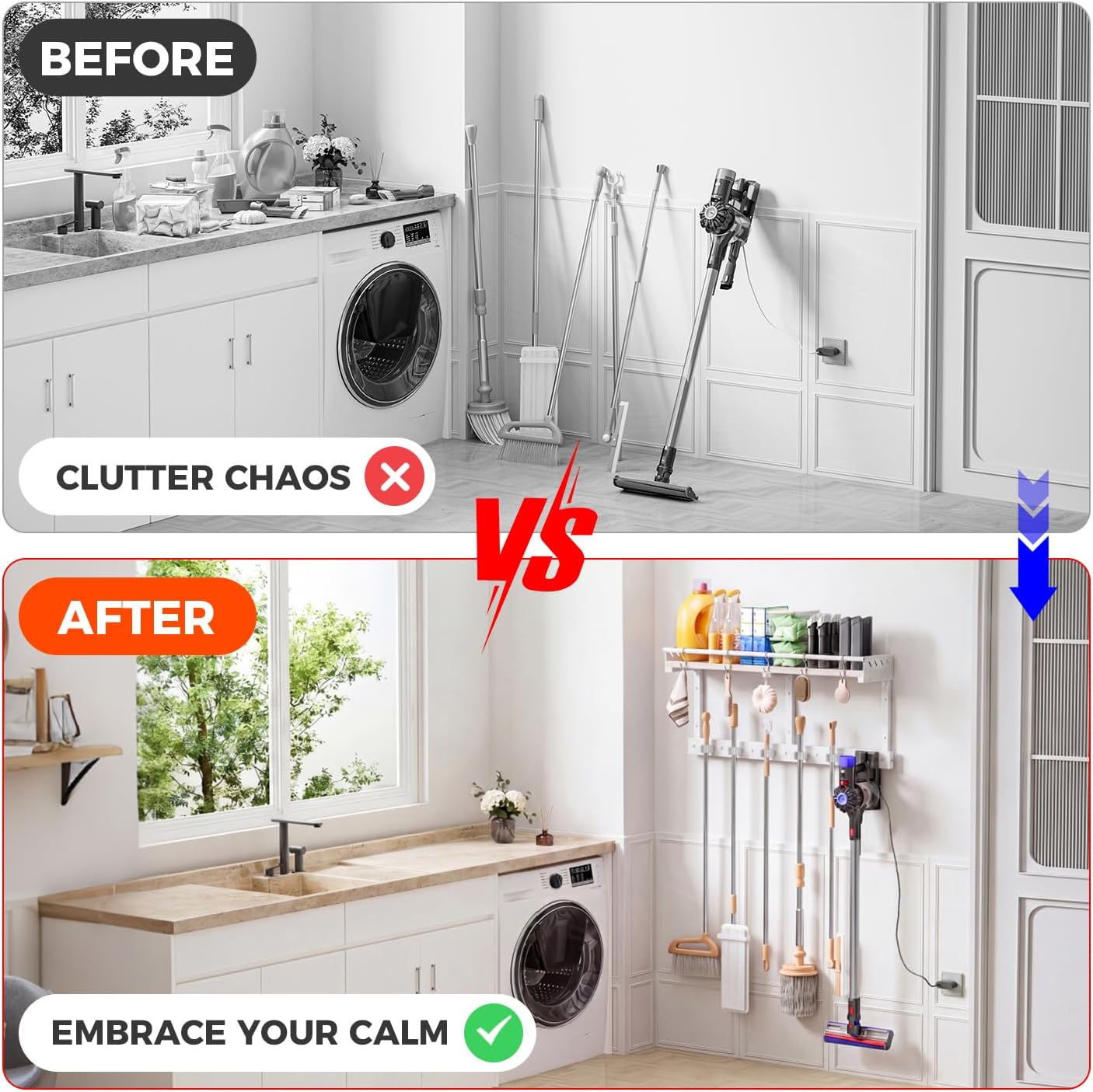 Broom Holder Wall Mount with Shelf, Black, L | 3 in 1 Broom and Mop Organizer, Wall Hanging, For Laundry, Garage, Utility, Vacuum Stand Alternative