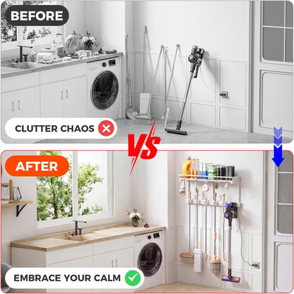 Broom Holder Wall Mount with Shelf, Black, L | 3 in 1 Broom and Mop Organizer, Wall Hanging, For Laundry, Garage, Utility, Vacuum Stand Alternative