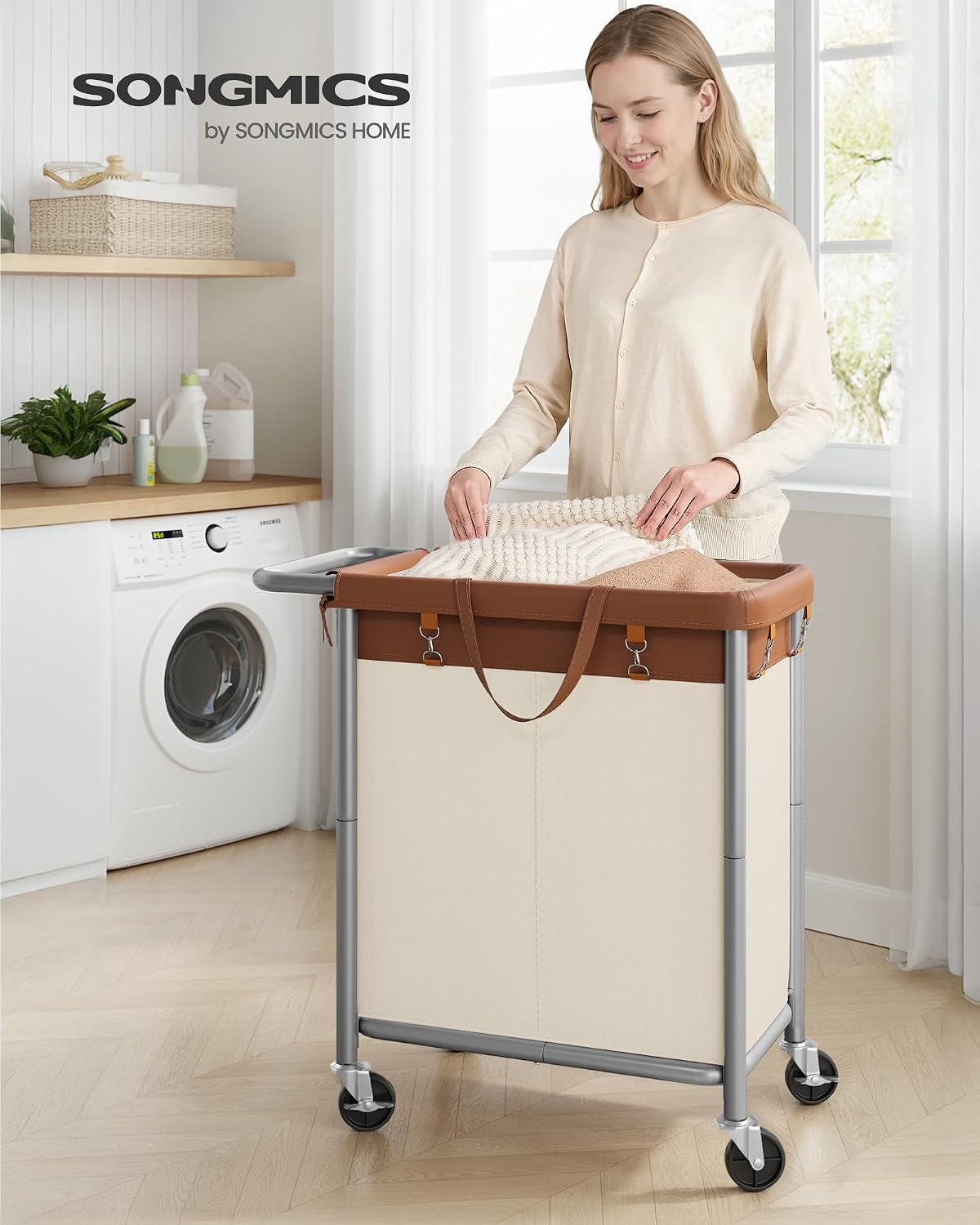 SONGMICS Laundry Basket with Wheels, 4-Section Rolling Laundry Hamper, 68.6 Gallons (260 L), Removable Liner, Steel Frame with Handle, 43.3 x 15.4 x 31.9 Inches, Cream White URLS014W01