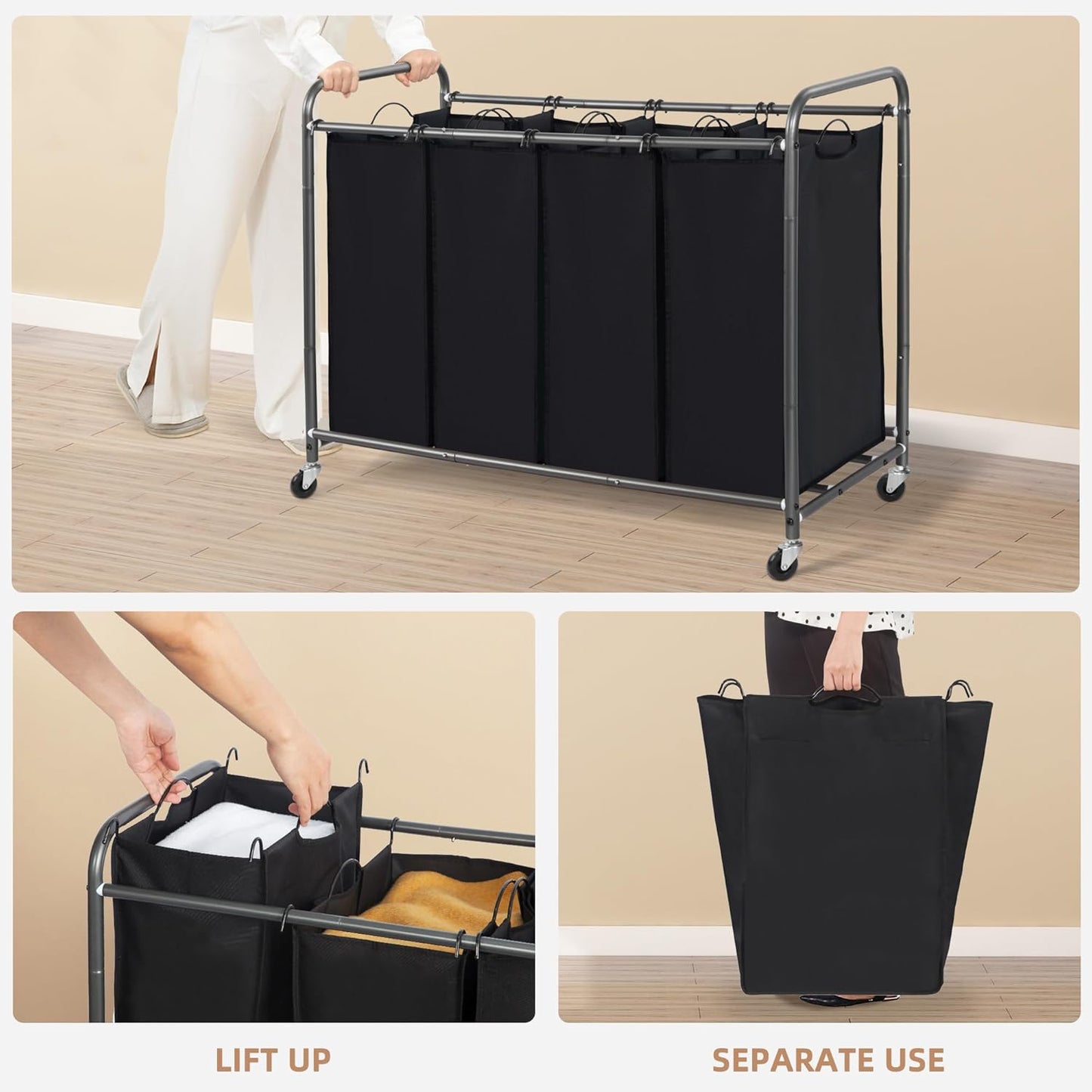 STORAGE MANIAC 3 Section Laundry Sorter, 35.6 Gal (135 L) Laundry Hamper Cart with Heavy Duty Rolling Lockable Wheels and Removable Bags, Clothes Organizer Basket Separator Hamper, Gray