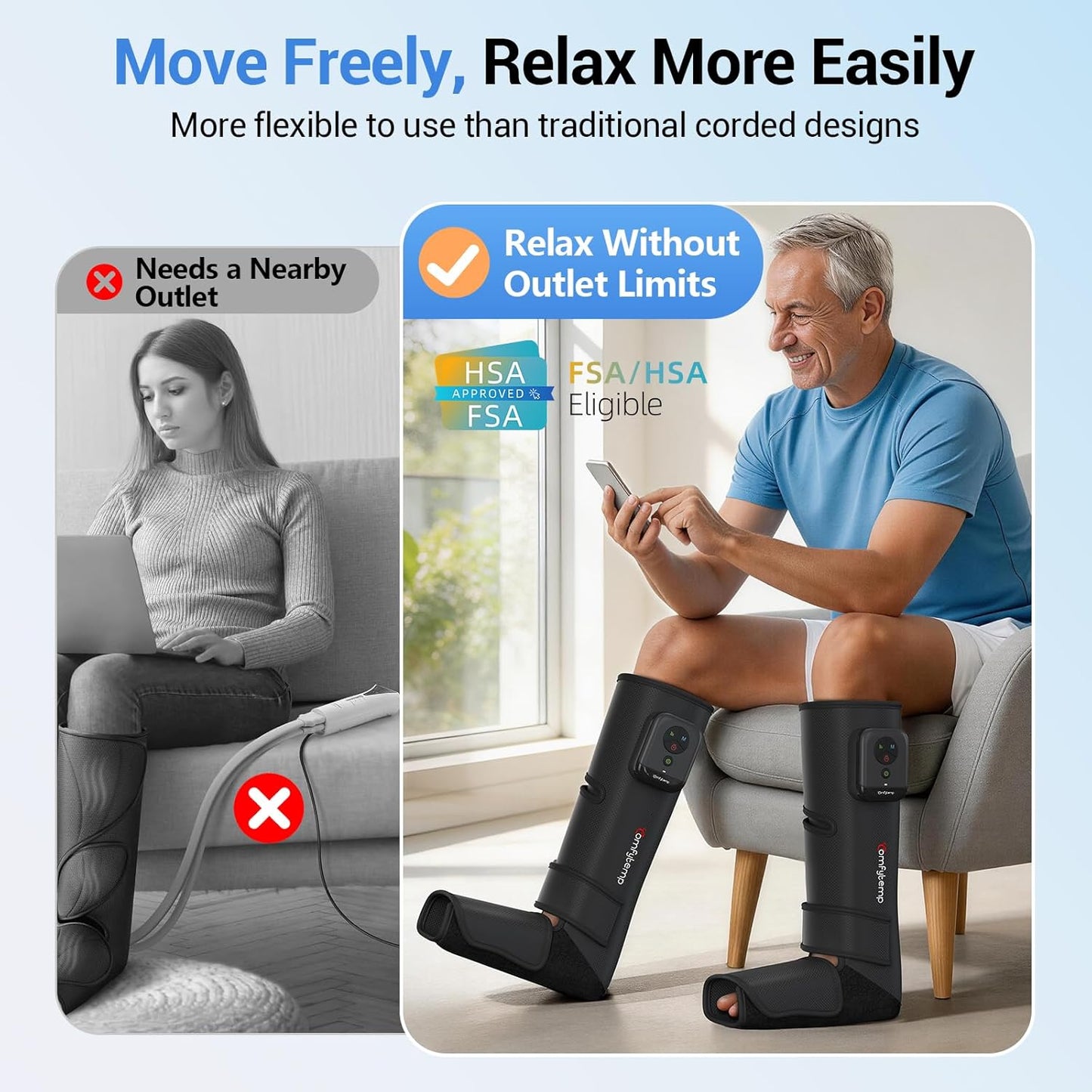 Comfytemp Air Compression Leg Massager for Circulation and Pain Relief FSA | Cordless & Rechargeable, Recovery for Varicose Veins, RLS, Foot and Calf Compression Boots, HSA Eligible (Fit Calf 13"~19")