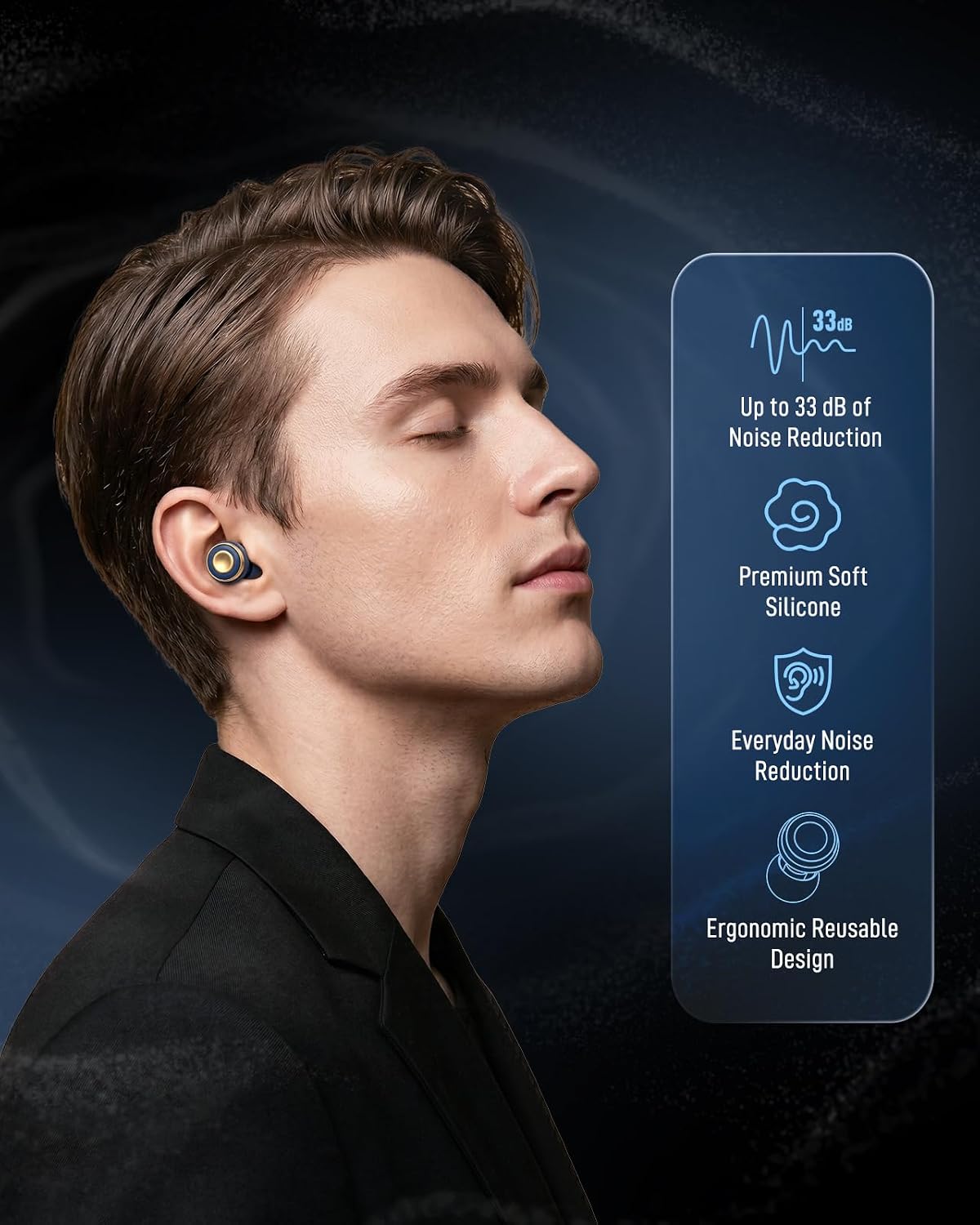 Reusable Earplugs for Focus, Travel & Work, Up to 33dB Noise Reducing Silicone Ear Plugs with 4 Sizes, Secure Fit, Portable Snap-Closure Case for Flights, Study, Commute Reading