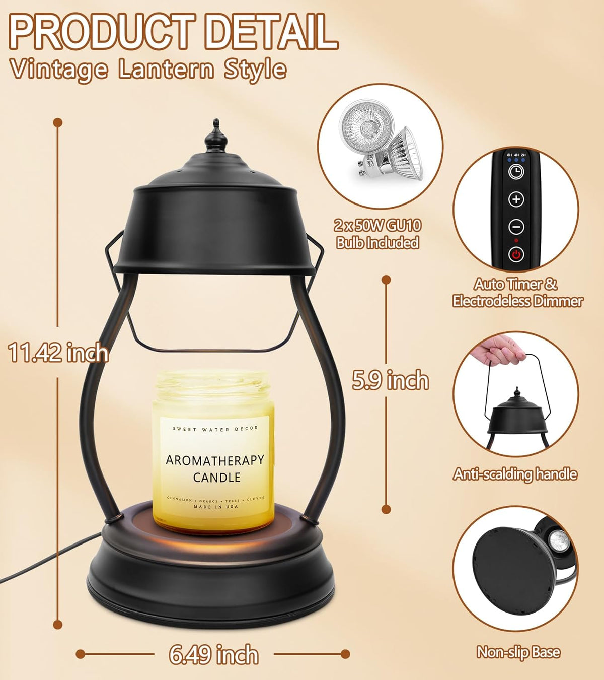 Candle Warmer Lamp with Timer, Vintage Lantern Design, Home Decor Birthday Gifts for Women, Black Lantern Wax Melt Warmer for New Home Bedroom Decor, 2 Bulbs, Christmas House Warming Gifts