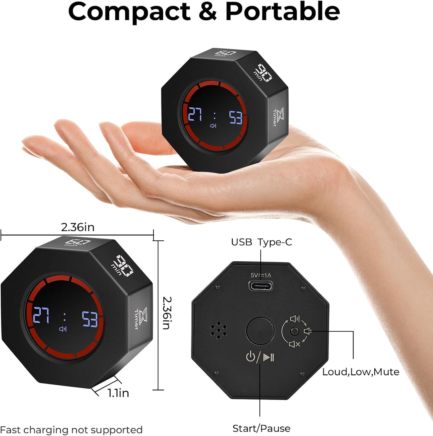 Rechargeable Pomodoro Timer, Small Gravity Timer (Space Gray) | Seven Preset Flip Times (1/3/5/15/30/60/90 min) and Count-Up Mode: Digital Kitchen Timer for Cooking, Work, and Study