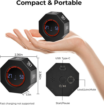 Rechargeable Pomodoro Timer, Small Gravity Timer (Space Gray) | Seven Preset Flip Times (1/3/5/15/30/60/90 min) and Count-Up Mode: Digital Kitchen Timer for Cooking, Work, and Study