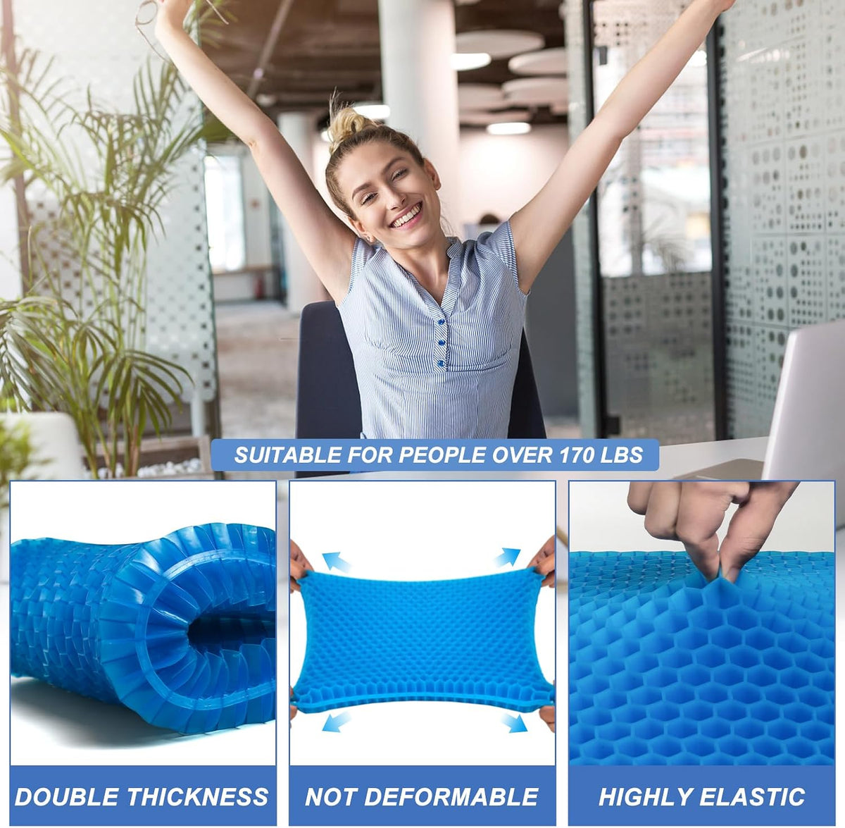 Gel Seat Cushion for Long Sitting - 16.5" x 14.5" x 2.4" (Extra Thick＆Soft)