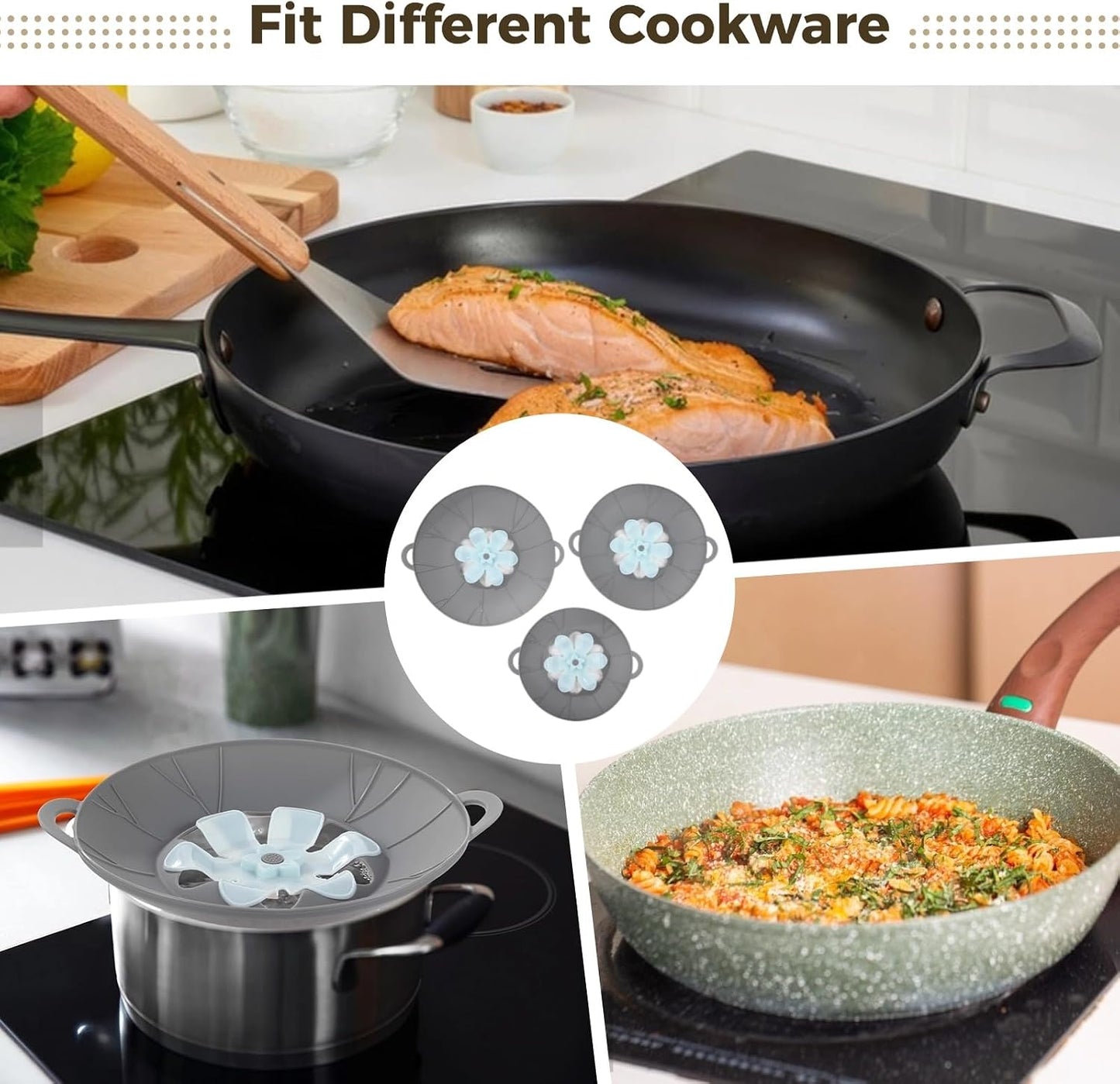 3 Pcs Silicone Spill Stopper Lids, 3 Sizes Splatter Covers, Reusable Lids with Flower Vent, Universal Pot Covers, Boil-Over Protectors, Safe for Microwave, Oven, Stovetop, Dishwasher