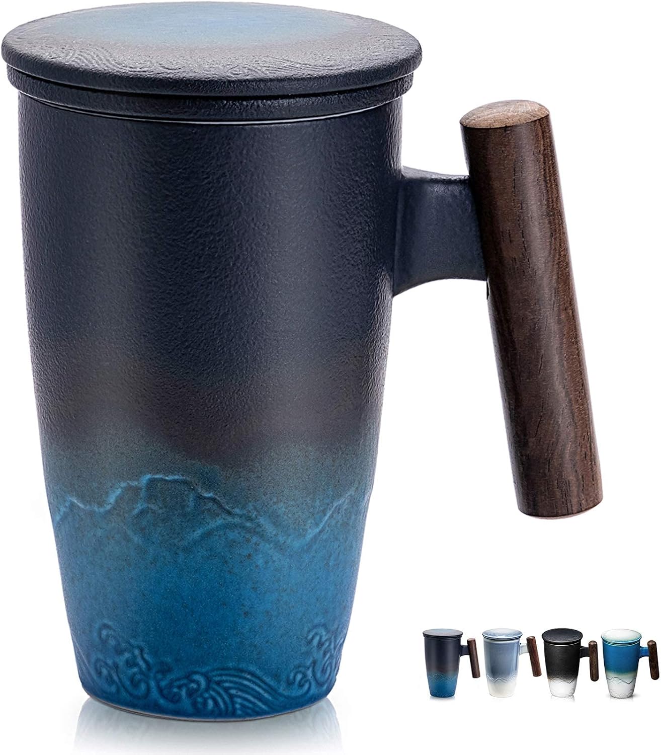 suyika Ceramic Tea Cup with Infuser and Lid Tea Mugs Wooden Handle 400ml/13.5oz Dark Green
