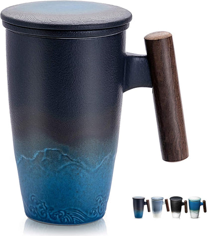 suyika Ceramic Tea Cup with Infuser and Lid Tea Mugs Wooden Handle 400ml/13.5oz Dark Green