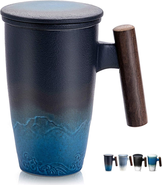 suyika Ceramic Tea Cup with Infuser and Lid Tea Mugs Wooden Handle 400ml/13.5oz Dark Green