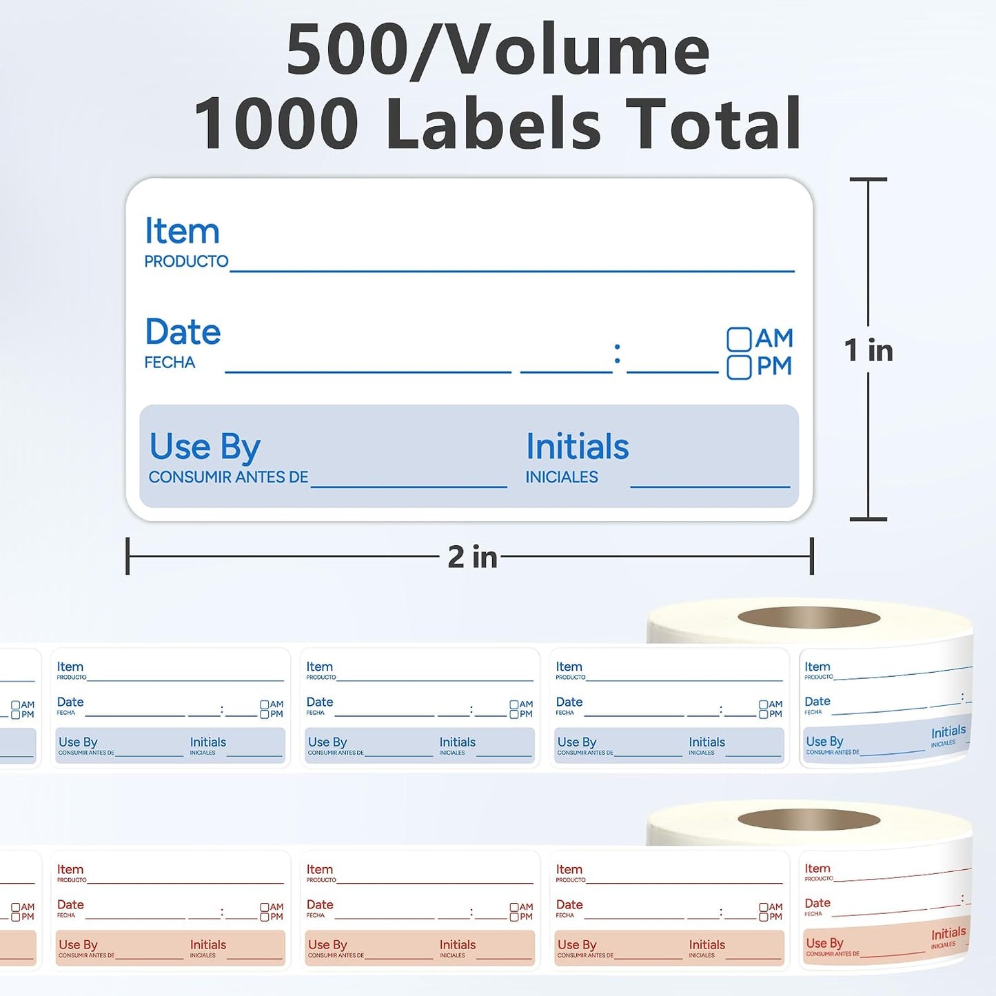 2 Rolls 1000 Pcs 1 X 2 inch Removable Food Date Sticker Labels, Easy to Write for Freezer, Refrigerator Food Containers Date Sticker, Leftover Labels (Blue-Red-US)