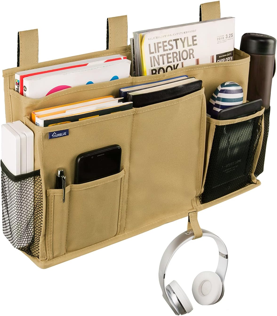 Surblue Bedside Caddy Hanging Organizer Storage Bag Pocket for Bunk, Hospital, College Dorm Rooms, Baby Bed Rails, Camp - 4 Pockets, 2 Hooks (Blue)