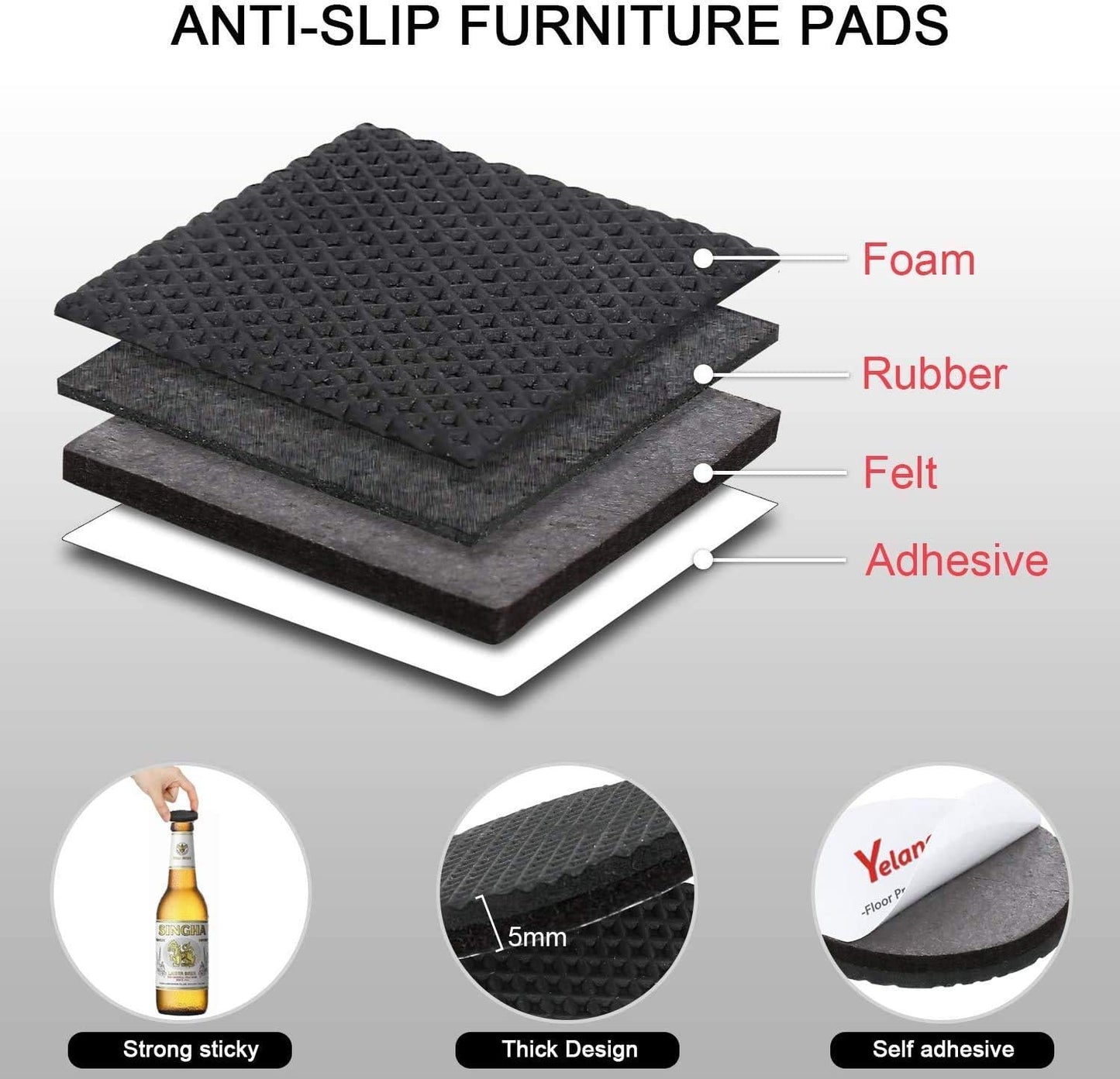 Non Slip Furniture Pads -56 pcs（1+2）” Furniture Grippers, Non Skid Furniture Legs,Self Adhesive Rubber Furniture Feet, Anti Slide Furniture Hardwood Floor Protector for Keep Couch Stoppers