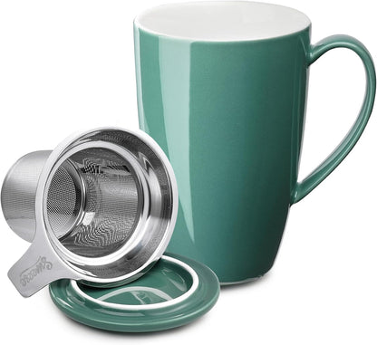 Sweese 15oz Porcelain Tea Mug with Infuser and Lid – Microwave Safe, Ergonomic Handle, Lead-Free Glaze, for Loose Leaf Tea