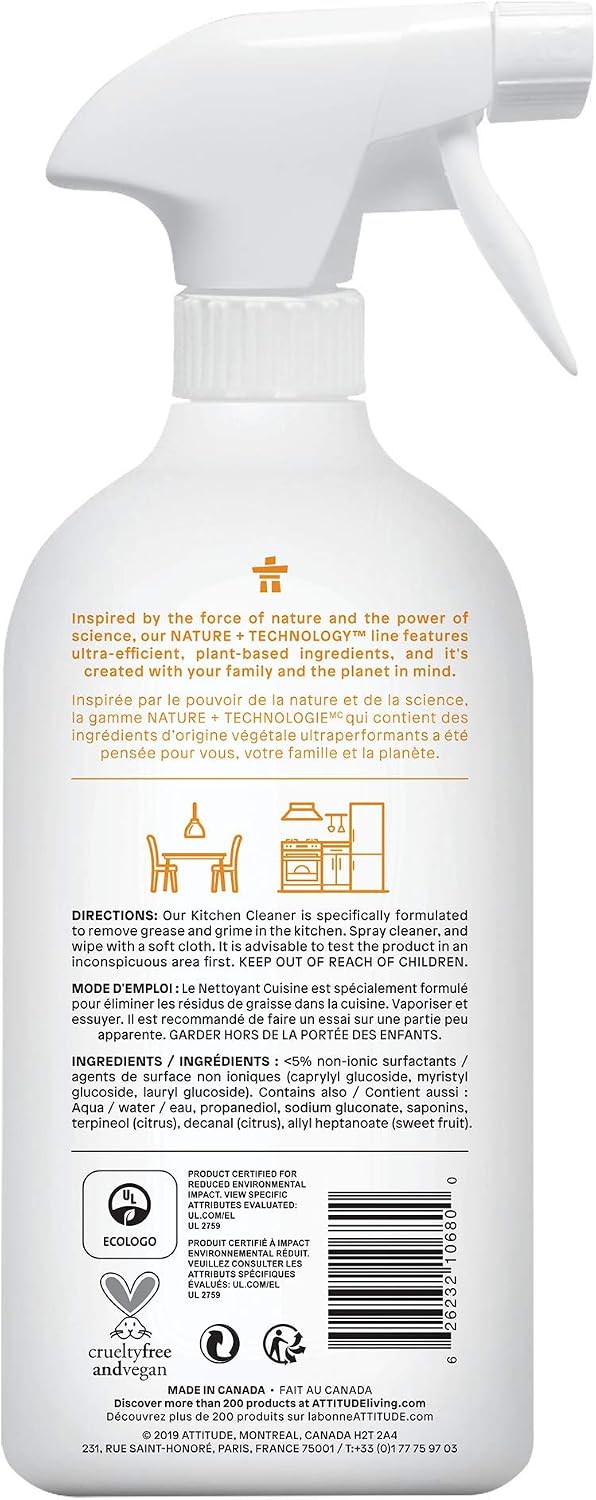 ATTITUDE Kitchen Cleaner Spray, EWG Verified, Degreaser Spray to Cut Grease & Grime, Plant-Based & Vegan, Citrus Zest Scent, 27.1 Fl Oz