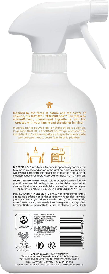 ATTITUDE Kitchen Cleaner Spray, EWG Verified, Degreaser Spray to Cut Grease & Grime, Plant-Based & Vegan, Citrus Zest Scent, 27.1 Fl Oz