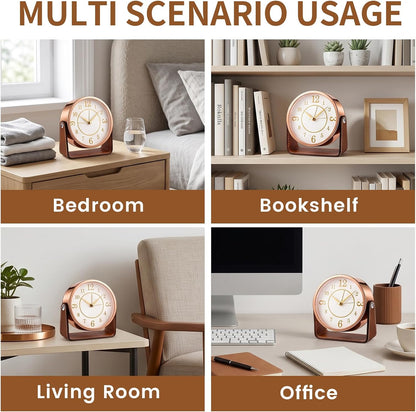 Analog Alarm Clock - 4.5" Silent Non Ticking Small Clock with Light, Rotatable Stand Metal Desk Clock Battery Operated, Simple Design for Living Room Decor/ Bedroom/Bedside/Shelf (Black & White)