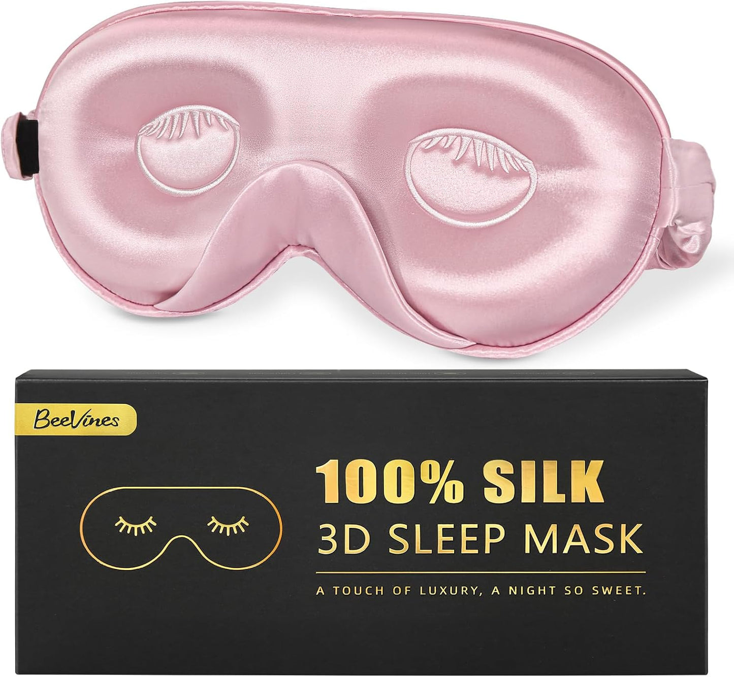 BeeVines 22 Momme Silk Sleep Mask, 3D Contoured Eye Masks for Women (Black) | Luxury 100% Pure Silk Eye Cover for Sleeping, 3D Contoured Eye Shade for Lash Extensions, Zero Eye Pressure & Blackout