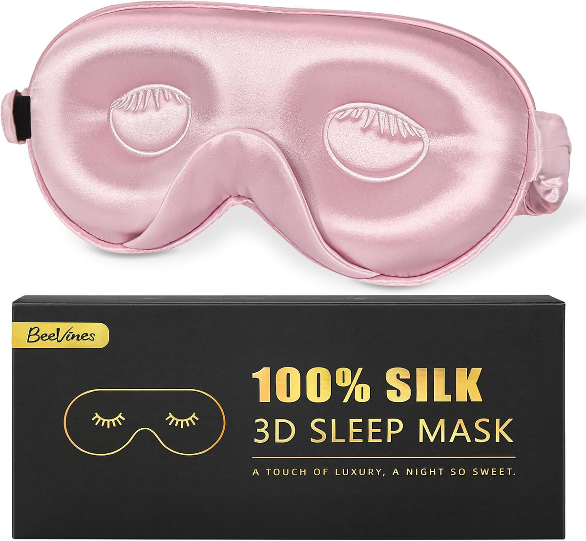 BeeVines 22 Momme Silk Sleep Mask, 3D Contoured Eye Masks for Women (Black)