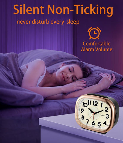 Vintage Retro Analog Alarm Clock, Battery Operated, Readable for Seniors，Silent No Ticking, Glow in Dark Dial, Lighted on Demand and Snooze, Blue, 4.7" x 3.9" x 2.7"