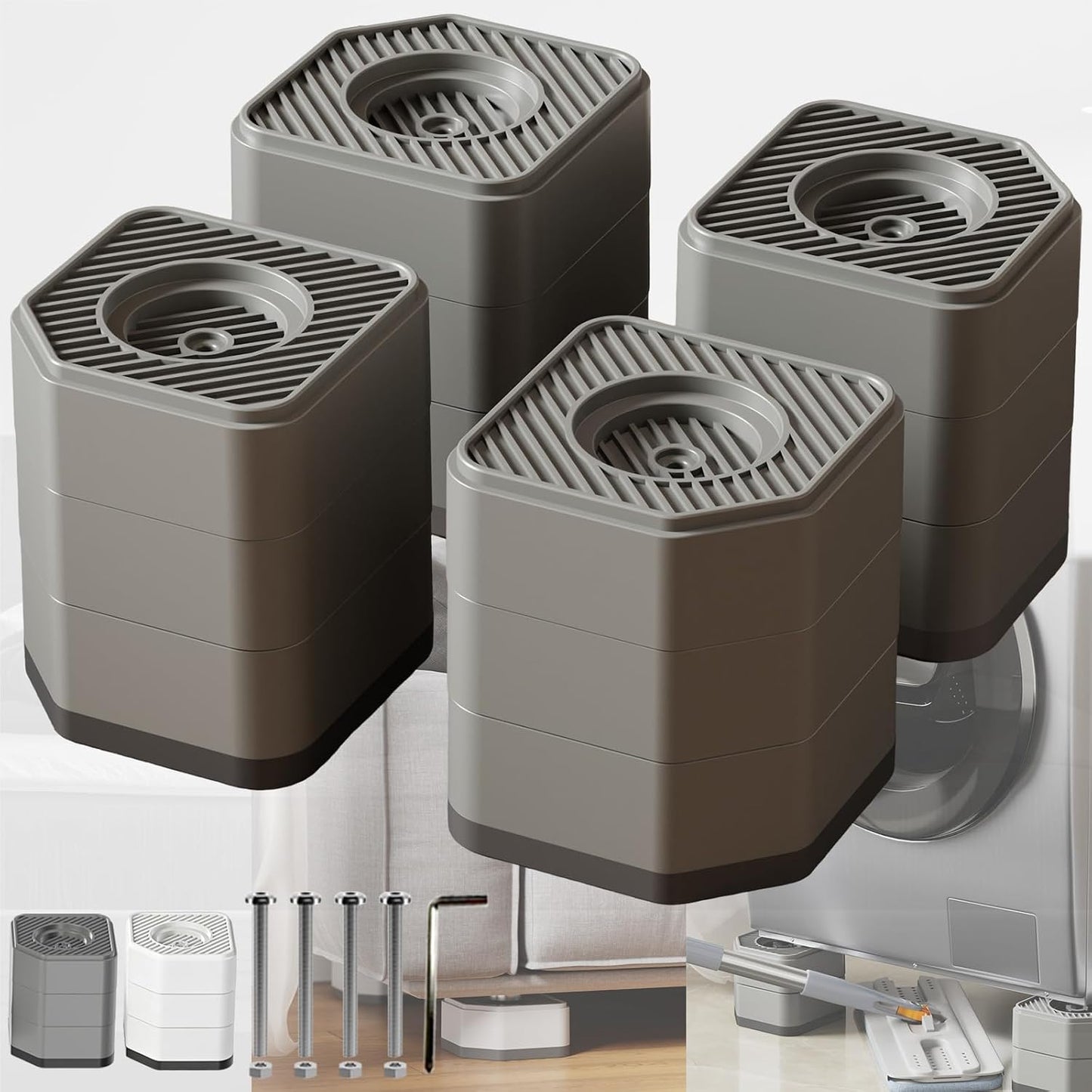 Anti Vibration Pads for Washing Machine, 1.8/3/4 Inch Washer Dryer Height Risers with Non-Slip Rubber Feet, Heavy Duty Anti Vibration Pads for Laundry Appliances(Grey 4 Pack, 3 inch)