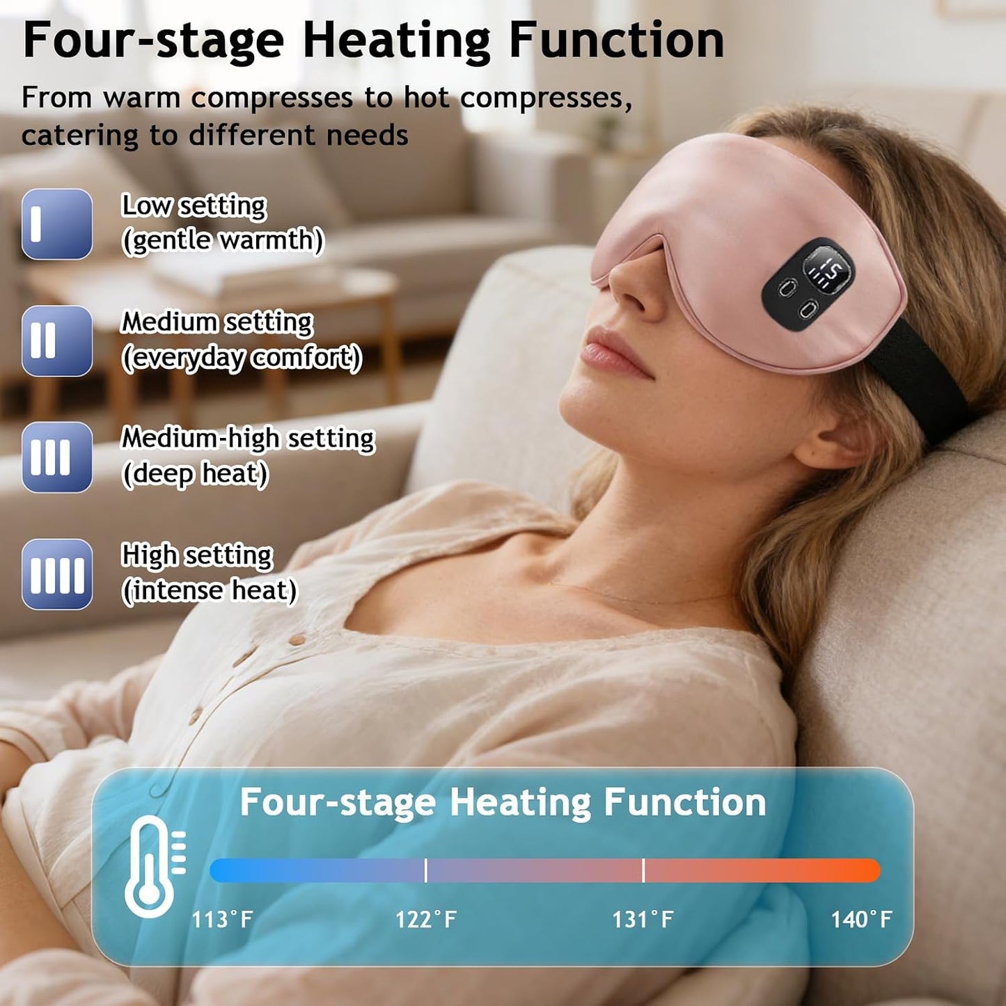 Rechargeable Heated Eye Mask | Warm Compress Sleep Mask for Dry-Feeling Eyes, 4 Heat Levels, 15–60 Min Timer, USB-C, Light Blocking, Washable Cover